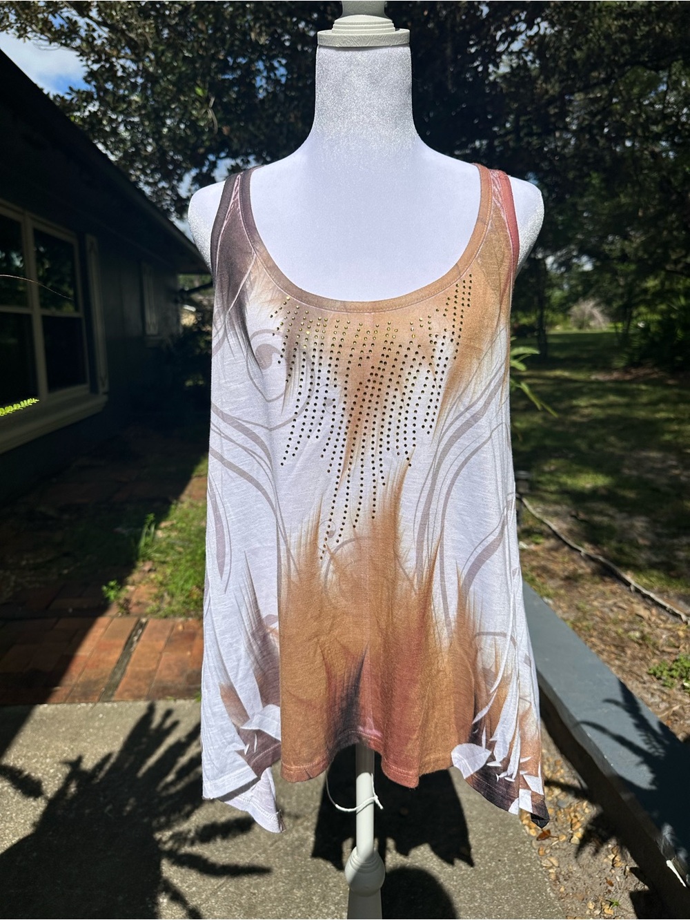 Sans Souci Brown and Cream Tie-Dye Racerback Tank with Stud Accents